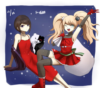 2girls alternate_costume black_hair blonde_hair blue_background blue_eyes boots border christmas danganronpa:_trigger_happy_havoc danganronpa_(series) dress enoshima_junko female_focus fishnet_gloves fishnet_thighhighs fishnet_top fishnets gloves goombajmr hand_up ikusaba_mukuro jewelry long_hair looking_at_viewer monokuma multiple_girls necklace one_eye_closed pearl_necklace purple_eyes red_boots red_dress red_skirt santa_costume santa_dress shirt siblings sisters skirt sleeveless sleeveless_shirt snow thighhighs twins twintails white_border wings