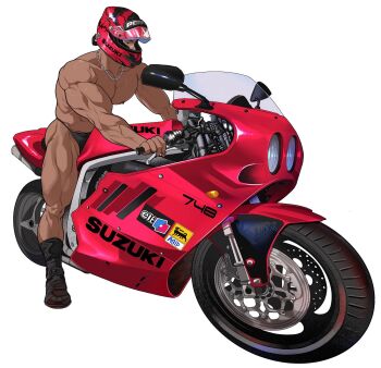 1boy ass_peek bandaid bandaid_on_face bandaid_on_nose bara black_boots black_eyes black_panties boots bottomless broad_shoulders bumper_sticker chain chain_necklace covered_mouth helmet highres jewelry large_pectorals male_focus motor_vehicle motorcycle motorcycle_helmet muscular muscular_arms muscular_legs muscular_male necklace nipples on_motorcycle original panties pectorals red_helmet simple_background solo suzuki_(company) tenji_(tenji_89) thighs topless_male underwear vehicle_focus veins veiny_arms wheel white_background