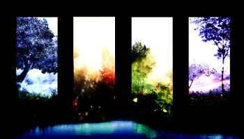 akyuun black_background blurry bokeh cloud commentary commentary_request depth_of_field english_commentary engrish_commentary highres lake landscape light_particles no_humans reflection scenery sky split_screen touhou tree white_sky