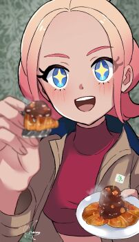 +_+ 1girl :d blonde_hair blue_eyes blurry blurry_background blush breasts brown_jacket commentary croissant cropped_shirt eyelashes food happy highres holding holding_plate incoming_food indoors jacket long_sleeves meru_merume603 nintendo open_clothes open_jacket open_mouth plate pokemon pokemon_legends:_z-a red_shirt shirt sidelocks signature smile solo taunie_(pokemon) teeth upper_body upper_teeth_only