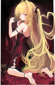 1984_(cw1000110) 1girl absurdres anklet bare_shoulders barefoot blonde_hair blush border choppy_bangs commentary dress eating food full_body hair_between_eyes hair_intakes heart heart-shaped_hair highres jewelry kneeling konjiki_no_yami long_hair looking_at_viewer looking_back off_shoulder red_dress red_eyes sidelocks strap_slip taiyaki to_love-ru torn_clothes twintails very_long_hair wagashi white_border wrinkled_fabric