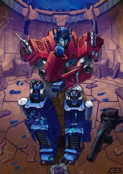 absurdres autobot battle_damage beam_rifle blue_eyes energon energy_gun glowing glowing_eyes helmet highres humanoid_robot insignia joints lextodrawstuff machine mask mecha mouth_mask no_humans optimus_prime robot robot_joints science_fiction smokestack transformers transformers:_generation_1 weapon