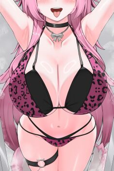 1girl absurdres animal_print armpits bra breasts cat_tail choker cleavage collarbone eyes_out_of_frame head_out_of_frame highres hololive hololive_english large_breasts leopard_print long_hair midriff navel nobarts pink_hair raora_panthera solo steam steaming_body tail thigh_strap tongue tongue_out underwear virtual_youtuber