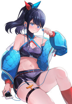 1girl absurdres bare_shoulders black_gloves black_hair black_panties black_shirt black_skirt blue_eyes blue_jacket blush breasts cellphone character_name cleavage crop_top dated gloves gridman_universe happy_birthday highres jacket large_breasts leg_tattoo long_hair long_sleeves looking_at_viewer microskirt navel official_alternate_costume official_alternate_hairstyle open_clothes open_jacket panties phone ponytail puffy_long_sleeves puffy_sleeves shirt signature simple_background skindentation skirt smartphone smile solo ssss.gridman stomach takarada_rikka tao_xiaofan_pduk tattoo thigh_strap thighs underwear white_background