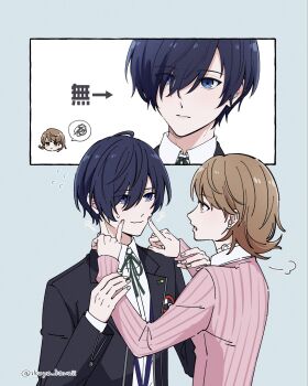 1boy 1girl arrow_(symbol) black_jacket blue_eyes blue_hair brown_hair cardigan choker closed_mouth collared_shirt commentary earrings fingers_on_another's_face fingers_to_cheeks fingersmile flipped_hair flying_sweatdrops forced_smile gekkoukan_high_school_uniform hair_between_eyes hands_on_another's_cheeks hands_on_another's_face hands_on_another's_wrists heart heart_choker highres ikuya_kawaii jacket jewelry light_blush long_sleeves looking_at_another neck_ribbon open_clothes open_jacket open_mouth persona persona_3 pink_cardigan puff_of_air ribbed_cardigan ribbon school_uniform shirt short_hair smile spoken_squiggle squiggle stud_earrings sweatdrop takeba_yukari twitter_username upper_body white_choker white_shirt yuuki_makoto_(persona_3)
