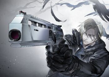 Rule 34 | 12.7x55mm sts-130, 1boy, aiming, ammunition, bird, black gloves, blonde hair, blue eyes, brown hair, closed mouth, facial hair, feathers, gloves, gun, handgun, highres, holding, jacket, leon s. kennedy, low bore axis revolver, male focus, requiem (gun), requiem (resident evil), resident evil, resident evil requiem, revolver, rifle-caliber handgun, rifle-caliber revolver, rifle cartridge, riio, rsh-12, shirt, short hair, solo, weapon