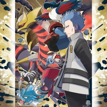 1boy arm_behind_back artist_name black_pants black_shirt blue_eyes blue_hair bright_pupils character_name cherish_ball claws closed_mouth commentary company_name copyright_notice cyrus_(pokemon) english_commentary fang fangs forehead_jewel from_side gen_1_pokemon gen_2_pokemon gen_4_pokemon giratina giratina_(origin) glowing glowing_eyes grey_vest gyarados highres holding holding_poke_ball honchkrow horns houndoom legendary_pokemon long_sleeves male_focus merchandise_available nintendo official_style open_clothes open_mouth open_vest outline pants poke_ball pokemon pokemon_(creature) pokemon_dppt probopass red_eyes red_nose shirt short_hair smile spiked_hair team_galactic team_galactic_uniform tom_higgins v-shaped_eyes vest watermark weavile white_outline white_pupils