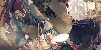 2boys chopsticks cooking food frying_pan fur-trimmed_jacket fur_trim holding holding_plate hood hood_down hooded_jacket horns ibaraki_douji_(onmyoji) jacket long_hair long_sleeves male_focus meat mississipping multiple_boys onmyoji plate ponytail red_hair shirt short_hair shuten_douji_(onmyoji) sitting steam white_hair