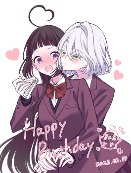 Rule 34 | 2girls, ahoge, black hair, bow, bowtie, closed mouth, collared shirt, commentary request, dated, flash cards, gift art, green eyes, happy birthday, heart, heart ahoge, highres, hug, hug from behind, jacket, kira kairi, kurata hikaru, medium hair, multiple girls, purple eyes, purple jacket, red bow, red bowtie, second-party source, shiro 96 3, shirt, simple background, smile, white background, white hair, white shirt, yume to koi dewa tsuriawanai, yuri