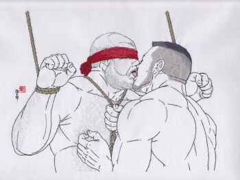 2boys adamworks_(ajmworks) artist_collaboration bara bdsm beard beard_stubble blindfold bondage bound bound_wrists colored_blindfold connected_beard couple embroidery_(medium) facial_hair french_kiss from_side full_beard greyscale hairy highres kiss large_pectorals male_focus mature_male monochrome multiple_boys muscular muscular_male nipple_stimulation nipple_tweak nipples nude old old_man original pectorals photo_(medium) profile receding_hairline rope spot_color stubble tagame_gengoroh thick_beard thick_eyebrows traditional_media undercut upper_body yaoi