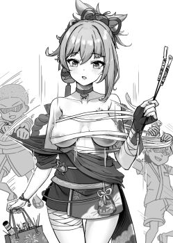 1girl 2boys areola_slip arm_tattoo assisted_exposure bag bandages black_gloves breasts chest_tattoo choker collarbone cowboy_shot fingerless_gloves fireworks genshin_impact gloves gohei_(aoi_yuugure) greyscale hair_ornament japanese_clothes kimono kimono_pull medium_breasts monochrome multiple_boys nipple_slip nipples sarashi sarashi_pull shaded_face shopping_bag simple_background single_sleeve smile sparkler tattoo undressing white_background yoimiya_(genshin_impact)