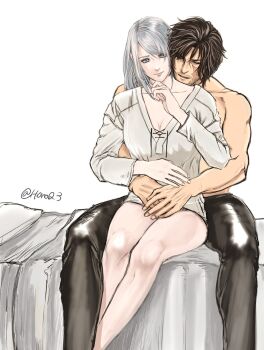 1boy 1girl arms_around_waist beard_stubble black_hair black_pants braid breasts cleavage clive_rosfield closed_eyes closed_mouth couple facial_hair facial_scar feet_out_of_frame final_fantasy final_fantasy_xvi grey_eyes grey_hair hair_between_eyes hand_to_own_mouth hetero highres horoq3 hug hug_from_behind jill_warrick long_sleeves medium_breasts no_pants on_bed pants parted_lips scar scar_on_cheek scar_on_face shirt short_hair side_braid sitting smile stubble swept_bangs topless_male twitter_username white_background white_shirt