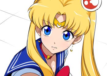 1girl bishoujo_senshi_sailor_moon bishoujo_senshi_sailor_moon_s blonde_hair blue_eyes blue_sailor_collar bow bowtie choker circlet clenched_teeth commentary_request crescent crescent_earrings curtained_hair derivative_work earrings gold_earrings hair_ornament heart heart_choker highres jabara_tornado jewelry long_hair looking_at_viewer magical_girl meme parted_bangs red_bow red_bowtie red_choker sailor_collar sailor_moon sailor_moon_redraw_challenge_(meme) sailor_senshi_uniform shirt short_sleeves solo sweat teeth tsukino_usagi twintails upper_body white_shirt