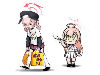 Rule 34 | 2girls, ahoge, backrooms (creepypasta), beret, black hat, black wings, blue archive, braid, choufu shimin, feathered wings, green eyes, halo, hanako (blue archive), hat, koharu (blue archive), long hair, multiple girls, pink hair, pink halo, school uniform, serafuku, twintails, white serafuku, winged hat, wings