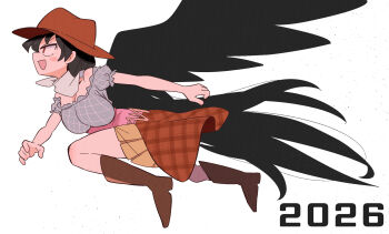 2026 argyle_clothes argyle_shirt black_hair black_wings blush boots breasts brown_boots brown_hat brown_skirt chinese_zodiac cleavage commentary_request cowboy_hat dust floating_hair frilled_sleeves frills from_side grey_shirt hair_between_eyes hat highres horse_girl horse_tail knee_boots kurachi_mizuki kurokoma_saki large_breasts layered_skirt long_hair neckerchief open_mouth partial_commentary pink_skirt plaid_clothes plaid_skirt pleated_skirt puffy_short_sleeves puffy_sleeves red_eyes running shirt short_sleeves simple_background skirt smile tail touhou v-shaped_eyebrows very_long_hair white_background white_neckerchief wings year_of_the_horse