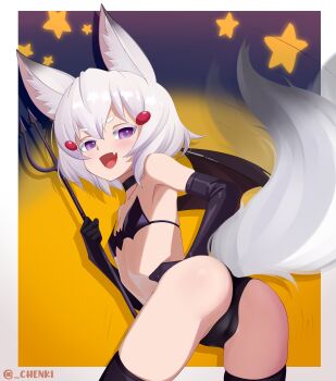 1girl absurdres animal_ears ass black_thighhighs breasts chenki_(chenki) commentary elbow_gloves english_commentary fox_ears fox_tail gloves highres phase_connect polearm purple_eyes small_breasts smile solo tail tenma_maemi thighhighs trident weapon