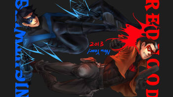 10s 2013 2boys batman_(series) black_hair blue_eyes bodysuit boots brothers character_name dc_comics dick_grayson domino_mask dual_wielding escrima_stick eye_mask gun holding jacket jason_todd male_focus mask multicolored_hair multiple_boys new_year nightwing red_hood_(dc) siblings two-tone_hair weapon