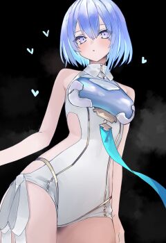 1girl absurdres black_background blue_eyes blue_hair blue_ribbon breasts clothing_cutout commentary dreizehn_(shadowverse) hair_between_eyes heart highres leotard looking_at_viewer ribbon ritaiya shadowverse shadowverse:_worlds_beyond short_hair side-tie_leotard side_cutout solo white_leotard