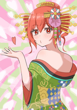 1girl absurdres drill_hair from_behind green_kimono hair_ornament hair_stick hand_up heart highres japanese_clothes kanzashi kasane_teto kimono looking_at_viewer looking_back o3o pink_background red_eyes red_hair reiuji_utsuho rumorumo0103 simple_background solo twin_drills upper_body utau yoshiwara_lament_(utau)