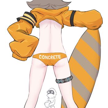 1girl arknights ass back bikini bikini_bottom brown_hair cameltoe cement_(arknights) clothes_writing doctor_(arknights) from_behind highres infection_monitor_(arknights) kelsuis legs long_sleeves orange_bikini shoulder_blades surfboard swimsuit tagme
