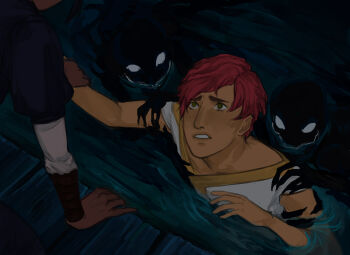 1boy 1girl 2others arrapso blue_vest claws curly_hair dark-skinned_female dark_skin empty_eyes grabbing_another&#039;s_shoulder green_eyes grin hand_on_another&#039;s_wrist hands_up head_tilt highres imminent_death kikka_the_steadfast kneeling lake_of_voices long_sleeves looking_at_viewer lu_(lake_of_voices) multiple_others non-web_source official_art out_of_frame parted_lips partially_submerged red_hair ripples short_hair smile vest wet wet_hair