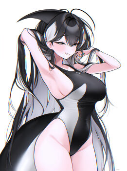 1girl absurdres ahoge armpits black_hair breasts cetacean_tail commentary commentary_request competition_swimsuit english_commentary fins fish_tail haze_(7h4ze) highres large_breasts long_hair looking_at_viewer multicolored_hair one-piece_swimsuit orca_(haze_(7h4ze)) orca_girl original simple_background smile solo swimsuit tail two-tone_hair white_background white_hair