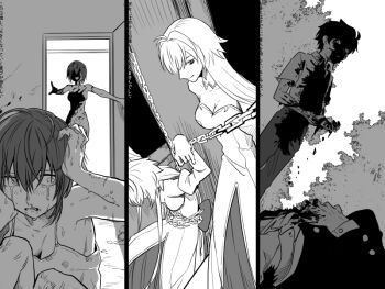 archetype_earth archetype_earth_(cosplay) arcueid_brunestud bare_shoulders blood blood_on_clothes blood_on_face bow breasts chain chained ciel_(tsukihime) cleavage convenient_censoring cosplay crying detached_sleeves dress dress_bow dual_persona grabbing_own_hair hair_between_eyes holding holding_own_hair long_hair metarogu michael_roa_valdamjong nanaya_shiki nude pants reaching reaching_towards_another roa-ciel school_uniform shirt short_hair sitting smile souya_high_school_uniform sweat throne tohno_shiki tree tsukihime tsukihime_(remake) vampire