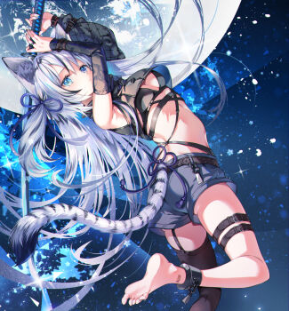 07touka25 1girl animal_ears barcode barcode_tattoo barefoot bikini bikini_top_only bikini_under_clothes black_bikini black_thighhighs blue_eyes breasts cat_ears cat_girl cat_tail commentary_request crop_top cuffs detached_sleeves full_moon grey_hair highres holding holding_sword holding_weapon long_hair medium_breasts moon original shackles shorts single_thighhigh solo swimsuit sword tail tattoo thigh_strap thighhighs weapon