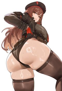 1girl absurdres ass belt_pouch beret black_gloves black_hat black_jacket black_shorts black_thighhighs breasts brown_hair closed_mouth commentary gloves goddess_of_victory:_nikke hat highres jacket large_breasts lips long_hair looking_at_viewer looking_back micro_shorts multicolored_gloves nisakusa partially_visible_vulva pouch rapi_(nikke) red_eyes red_gloves shorts solo sweat thick_thighs thighhighs thighs two-tone_gloves white_background