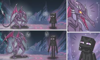 Rule 34 | ..., 1boy, 1other, archdan, artist name, black skin, claws, colored skin, commentary, dragon, dragon wings, enderman, english commentary, fangs, final destination (smash bros), highres, metroid, minecraft, nintendo, purple eyes, purple skin, ridley, sparkle, super smash bros., sweatdrop, tail, wings, yellow eyes