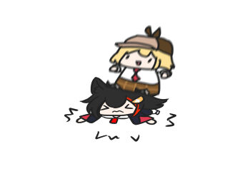 Rule 34 | > <, 2girls, absurdres, animal ears, black hair, blonde hair, chibi, commentary, english commentary, ground pound, hair ornament, hairclip, hat, highres, hololive, hololive english, long hair, long sleeves, monotoxy, multicolored hair, multiple girls, necktie, on person, ookami mio, open mouth, plaid clothes, plaid skirt, red hair, red neckwear, shirt, sitting, sitting on person, skirt, smile, smol ame, streaked hair, virtual youtuber, watson amelia, white background, white shirt, wolf ears, wolf girl