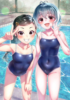 2girls absurdres antenna_hair ao_(yashuring) blue_one-piece_swimsuit blush braid breasts brown_eyes collarbone commentary_request commission covered_navel day dot_nose grey_hair grin hair_ornament hairclip hand_on_own_thigh highres idolmaster idolmaster_cinderella_girls long_hair looking_at_viewer mole mole_under_eye multiple_girls narumiya_yume new_school_swimsuit one-piece_swimsuit open_mouth outdoors parted_bangs poolside school_swimsuit short_hair shuto_aoi sidelocks single_braid skeb_commission small_breasts smile standing sunlight swimsuit tareme teeth v water wavy_hair