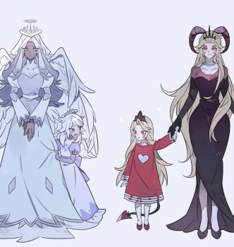 4girls absurdres aged_down angel angel_and_devil angel_wings black_dress blonde_hair charlie_morningstar circle_facial_mark colored_sclera colored_skin demon_girl demon_horns demon_tail dress emily_(hazbin_hotel) grey_dress grey_sclera grey_skin halo hazbin_hotel hellaverse highres horns jewelry lilith_(hazbin_hotel) long_dress long_hair looking_at_another looking_at_viewer mini_wings mother_and_daughter multiple_girls multiple_wings necklace nk1t7j pearl_necklace red_dress sera_(hazbin_hotel) siblings simple_background sisters smile tail tiara very_long_hair white_skin wings yellow_sclera