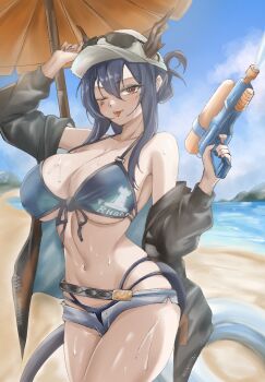 1girl alternate_breast_size_(larger) arknights arm_up bare_shoulders baseball_cap beach beach_umbrella bikini black_jacket blue_bikini blue_hair blue_sky blush breasts ch&#039;en_(arknights) ch&#039;en_the_holungday_(arknights) cleavage collarbone commentary_request cowboy_shot dragon_girl dragon_horns dragon_tail eyewear_on_headwear front-tie_bikini_top front-tie_top grey_shorts hair_between_eyes hat highres holding holding_water_gun horns horns_through_headwear huge_breasts jacket light_smile long_hair looking_at_viewer mameppu micro_shorts multi-strapped_bikini_bottom navel ocean off_shoulder official_alternate_costume one_eye_closed open_clothes open_shorts outdoors red_eyes rhodes_island_logo_(arknights) shorts sky solo standing stomach sunglasses swimsuit tail tongue tongue_out umbrella underboob water_gun wet