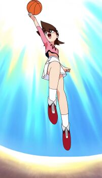 00s 1girl absurdres anime_screenshot arm_up bakuten_shoot_beyblade ball basketball_(object) beyblade big_hair brown_eyes brown_hair from_below full_body hair_between_eyes happy highres jumping long_sleeves medium_hair non-web_source open_mouth pink_shirt print_shirt ryona shirt skirt smile solo tachibana_hiromi tank_top white_skirt