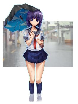 1girl black_umbrella blue_skirt blue_socks blunt_bangs blurry blurry_background blush broken_umbrella city closed_mouth collarbone commentary_request eyebrows facing_viewer female_focus flood flooding frown highres holding holding_umbrella kneehighs looking_at_viewer matching_hair/eyes microskirt original photo_background pleated_skirt purple_eyes purple_hair rain reflection school_uniform see-through_clothes serafuku shirt short_hair short_sleeves skirt sleeve_cuffs socks solo standing taru_neko umbrella wading water water_drop wet wet_clothes wet_hair wet_shirt wet_skirt