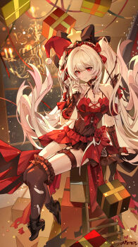 1girl absurdres ai_dongdong alternate_costume bare_shoulders black_boots black_socks boots box breasts chinese_commentary cleavage closed_mouth commentary_request dress fingerless_gloves gift gift_box gloves halter_dress halterneck hand_up hat headdress heart high_heel_boots high_heels highres honkai_(series) honkai_impact_3rd index_finger_raised kneehighs long_hair looking_at_viewer luna_(honkai_impact) medium_breasts red_dress santa_hat signature sitting smile socks solo thighs twintails very_long_hair white_hair