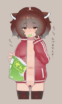 1girl bag_of_chips bar_censor black_thighhighs brown_eyes censored cleft_of_venus cropped_legs eating female_focus flat_chest food freckles grey_background hans.b highres jacket loli long_sleeves looking_at_viewer mouth_hold navel open_clothes open_jacket pussy red_jacket simple_background sleeves_past_wrists solo thighhighs touhoku_kiritan voiceroid