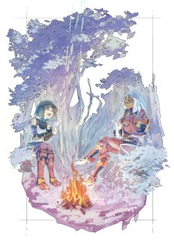 2girls absurdres armor artist_request bare_shoulders black_hair blue_eyes blue_thighhighs boots campfire crossed_legs dark-skinned_female dark_skin elbow_gloves elma_(xenoblade_x) fingerless_gloves gloves hair_ornament hairclip high_heel_boots high_heels highres lin_lee_koo long_hair monado monolith_soft multiple_girls official_art short_hair shorts smile thigh_boots thighhighs white_hair xeno_(series) xenoblade_chronicles_(series) xenoblade_chronicles_x yellow_eyes