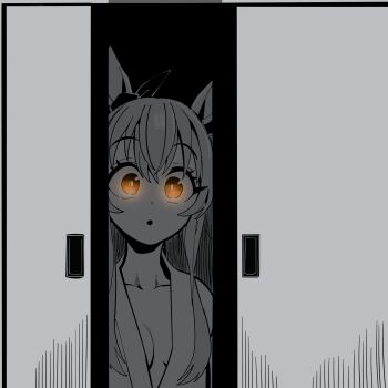 :o animal_ears bow breasts brown_eyes ear_ribbon highres horse_ears horse_girl indoors japanese_clothes kimono kunitoro_(artist) mayano_top_gun_(umamusume) parted_lips small_breasts umamusume