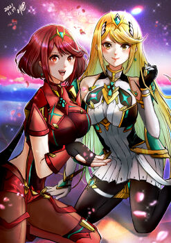 2girls absurdres backless_outfit bare_shoulders black_pantyhose blonde_hair bob_cut breasts chest_jewel commentary_request core_crystal_(xenoblade) dress earrings elbow_gloves eva02asuka0608 fingerless_gloves floating_earrings gloves highres impossible_clothes jewelry large_breasts long_hair microdress multiple_girls mythra_(massive_melee)_(xenoblade) mythra_(xenoblade) neon_trim nintendo pantyhose pantyhose_under_shorts pyra_(xenoblade) red_eyes red_hair red_shorts red_thighhighs short_hair short_shorts short_sleeves shorts smile super_smash_bros. suspenders swept_bangs thigh_strap thighhighs thighhighs_over_pantyhose tiara very_long_hair white_dress white_gloves xenoblade_chronicles_(series) xenoblade_chronicles_2 yellow_eyes