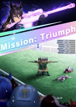 6+girls absurdres air_shakur_(umamusume) animal_ears black_boots black_hair blonde_hair blue_eyes blue_hair blue_shirt boots closed_mouth commentary counter-strike_(series) dress english_commentary fine_motion_(umamusume) green_jacket gun hair_between_eyes highres hishi_miracle_(umamusume) holding holding_gun holding_weapon horse_ears horse_girl horse_tail jacket jungle_pocket_(umamusume) knee_boots long_hair manjo_(warito) multiple_girls narita_top_road_(umamusume) on_ground ponytail purple_boots purple_dress racetrack red_jacket rifle shirt shoes short_hair skirt sneakers sniper_rifle symboli_kris_s_(umamusume) t-head_trainer_(umamusume) tail top-down_bottom-up trainer_(umamusume) umamusume weapon white_shoes white_skirt white_sleeves