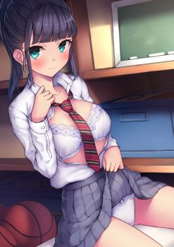 1girl aqua_eyes ball basketball_(object) black_hair blunt_bangs blush bra breasts chalk closed_mouth collared_shirt commentary_request grey_skirt lifting_own_clothes long_hair medium_breasts necktie nya-c ooarai_school_uniform open_clothes open_shirt original panties pleated_skirt red_necktie school_uniform shirt shirt_tucked_in sitting skirt solo underwear white_bra white_panties white_shirt