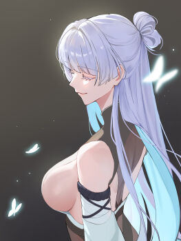 1girl absurdres black_dress breasts bug butterfly closed_mouth colored_extremities colored_eyelashes commentary_request dress goddess_of_victory:_nikke grey_eyes highres insect korean_commentary large_breasts long_hair nayuta_(nikke) sideboob solo uz_(uzru0428) very_long_hair white_eyelashes white_hair