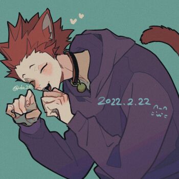 Rule 34 | 1boy, animal ears, aqua background, bell, cat ears, cat tail, commentary, dated, haikyuu!!, heart, highres, hood, hood down, hoodie, jingle bell, male focus, neck bell, paw pose, purple hoodie, red hair, red tail, short hair, solo, tail, tendou satori, tkr 241, twitter username, untranslatable commentary, upper body