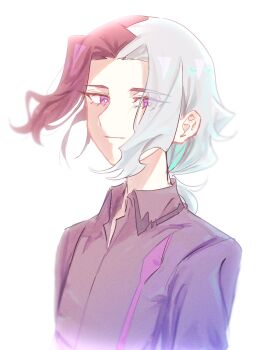 1boy amethio_(pokemon) bright_pupils closed_mouth collared_shirt commentary_request copituji highres looking_at_viewer male_focus multicolored_hair nintendo pokemon pokemon_(anime) pokemon_horizons purple_eyes shirt simple_background smile solo symbol-shaped_pupils triangle-shaped_pupils upper_body white_background white_pupils