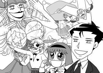 2girls 4boys bouncing_breasts breasts cigar crossover eyepatch facial_hair gash_bell happy hat jason_beck konjiki_no_gash!! large_breasts monochrome multiple_boys multiple_girls mustache parco_folgore parody r_dorothy_wayneright roger_smith smile the_big_o victoreem_(gash_bell)