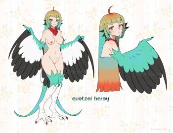 1girl absurdres animal_ears bird_ears bird_legs black_feathers blonde_hair blue_hair breasts claws commentary commission digitigrade english_commentary feathered_wings feathers gradient_hair green_feathers green_hair harpy heterochromia highres long_hair looking_at_viewer medium_breasts monster_girl multicolored_hair multicolored_wings multiple_views navel nipples nude orange_eyes original pussy red_feathers red_hair red_nails smile talons uncensored unreal_fish very_long_hair white_feathers winged_arms wings yellow_eyes