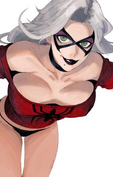 1girl black_cat_(marvel) black_lips black_panties commentary domino_mask emblem eye_mask eyeshadow green_eyes grey_hair hex_mamaso highres legs_up lying makeup marvel mask mole mole_under_mouth off-shoulder_shirt off_shoulder on_back panties purple_eyeshadow shirt simple_background solo spider-man_(series) spider_web_print underwear upside-down