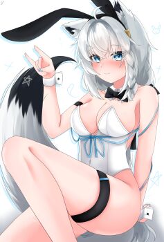 Rule 34 | 1girl, absurdres, animal ear hairband, animal ears, bare shoulders, black hair, blue bow, blue eyes, blue nails, blush, bow, braid, breasts, detached collar, extra ears, fake animal ears, fox ears, fox girl, fox shadow puppet, fox tail, grey hair, hairband, highres, hololive, large breasts, leotard, long hair, looking at viewer, multicolored hair, nail polish, pentagram, playboy bunny, rabbit ear hairband, rabbit ears, shirakami fubuki, simple background, smile, solo, st-147, tail, thigh strap, two-tone hair, virtual youtuber, white background, white leotard, wrist cuffs